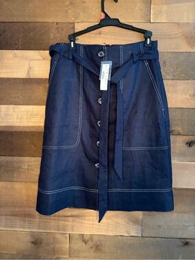 J. Crew linen/poly Navy Button-Front Midi Skirt with Tie Belt